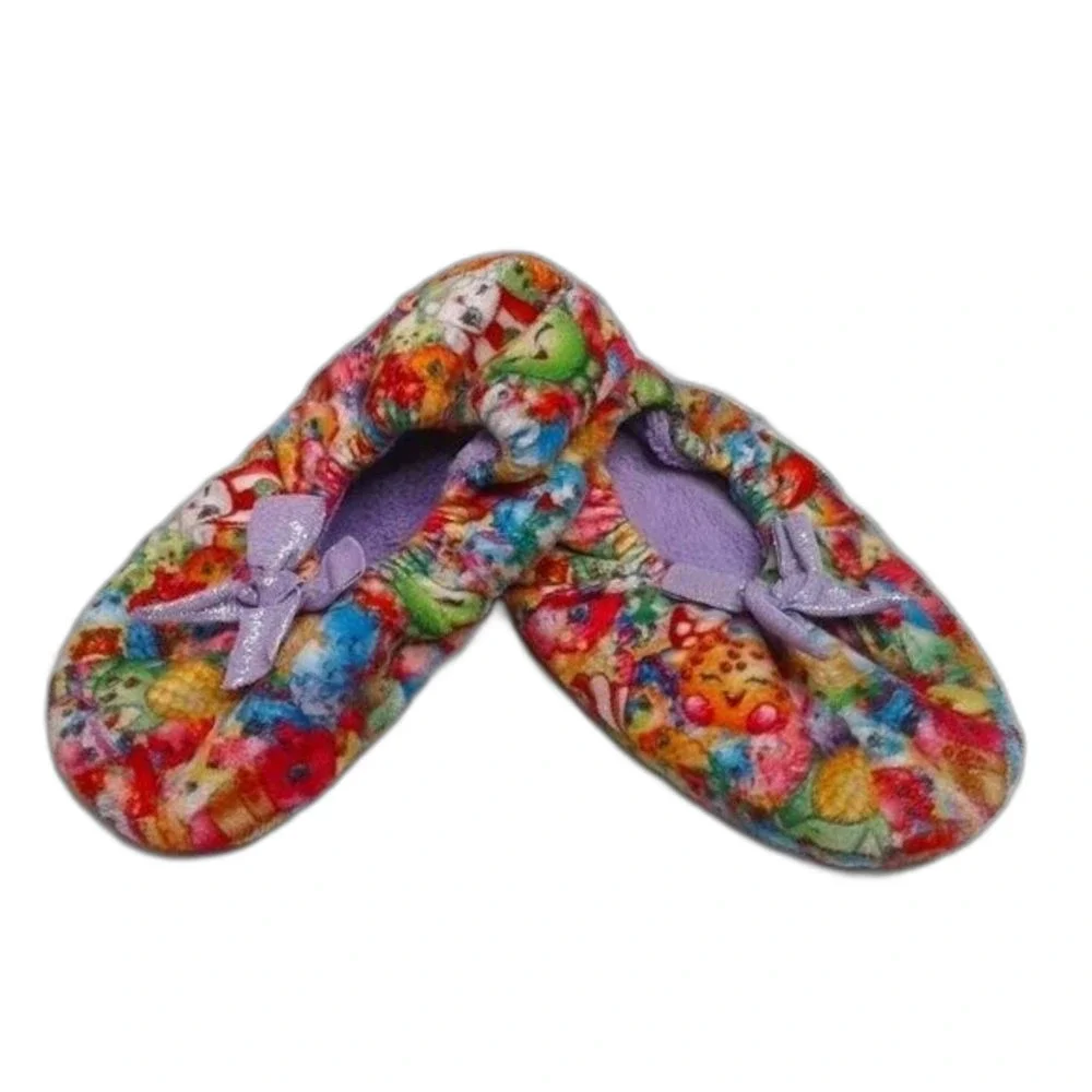 Shopkins Girls Fleece Slippers Non-Slip Grippers Purple Pink Glitter Size S/M